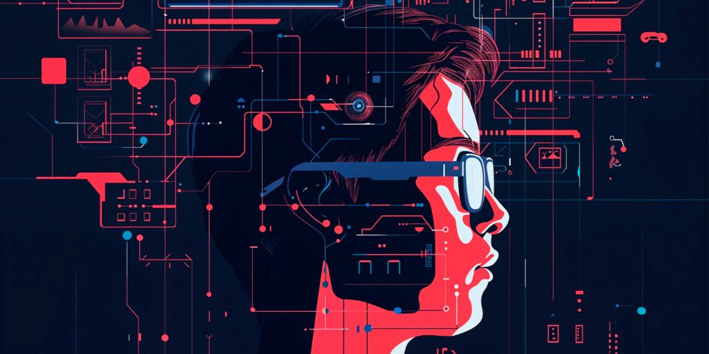 AI-generated illustration of a person in profile surrounded by digital circuits and data systems, symbolizing the role of artificial intelligence in data governance and compliance