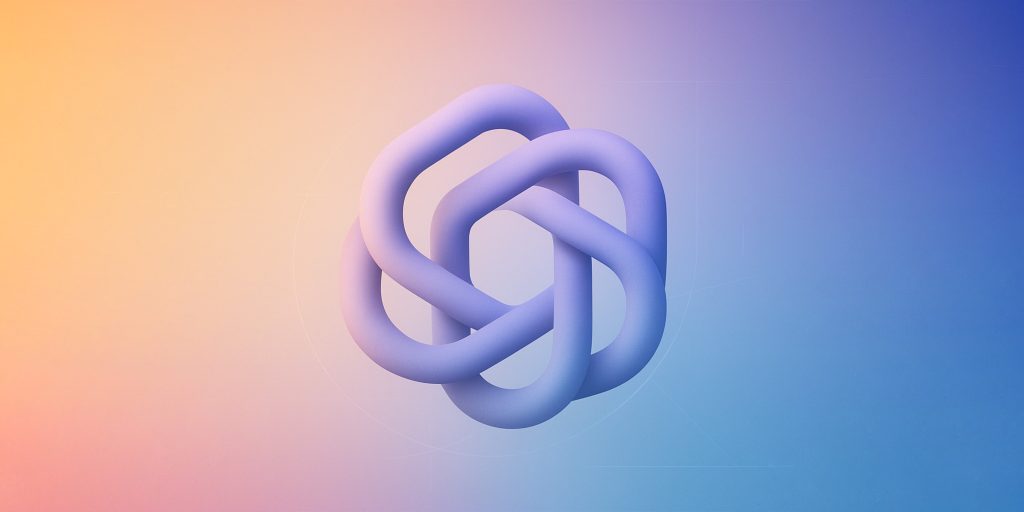 GPT logo in purple and blue gradient tones, set against a soft pastel background blending peach and blue with subtle geometric lines.